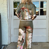 Satin Village Print Pant In Olive at ooh la la! in Grapevine TX 76051