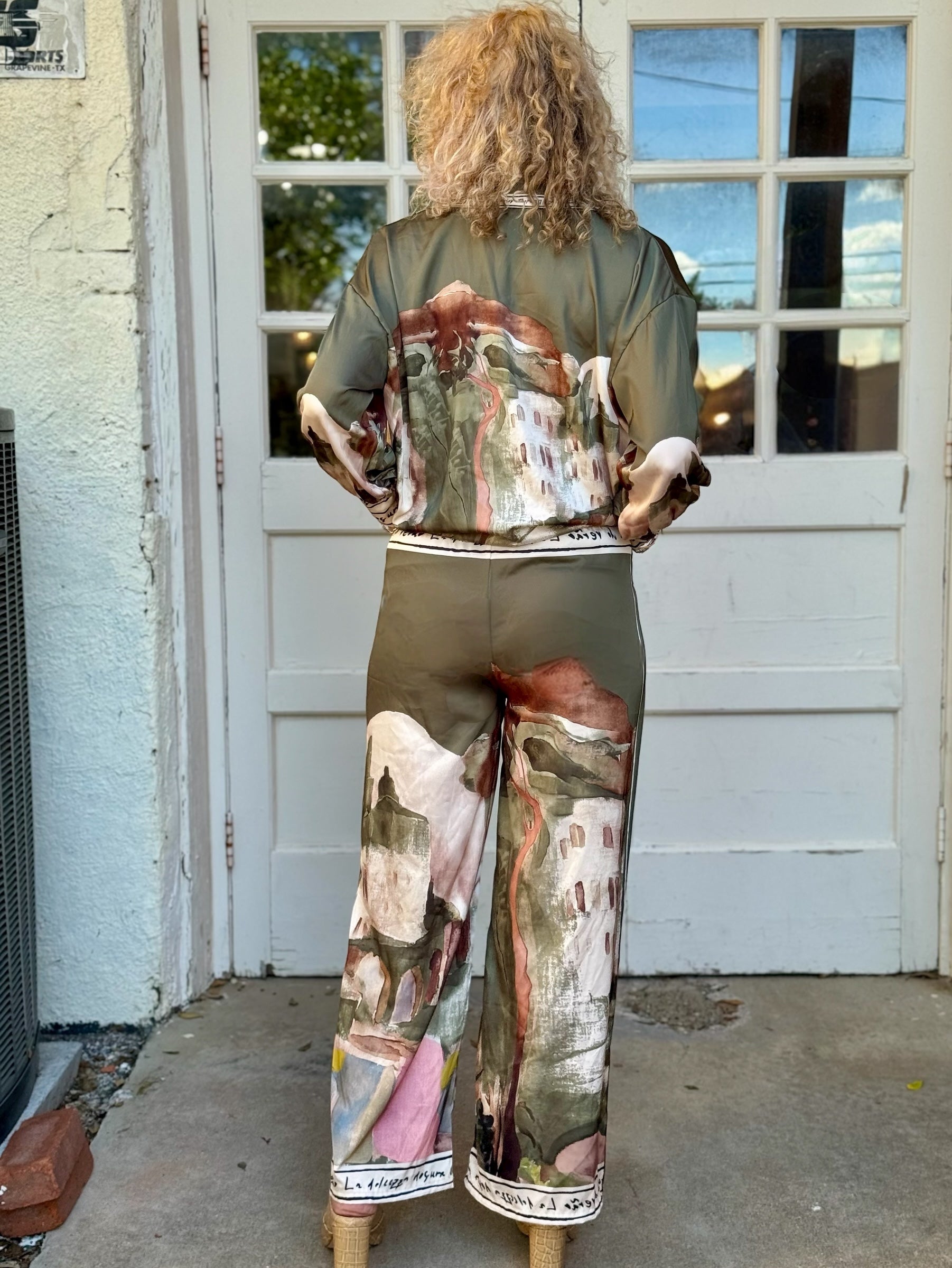 Satin Village Print Pant In Olive at ooh la la! in Grapevine TX 76051