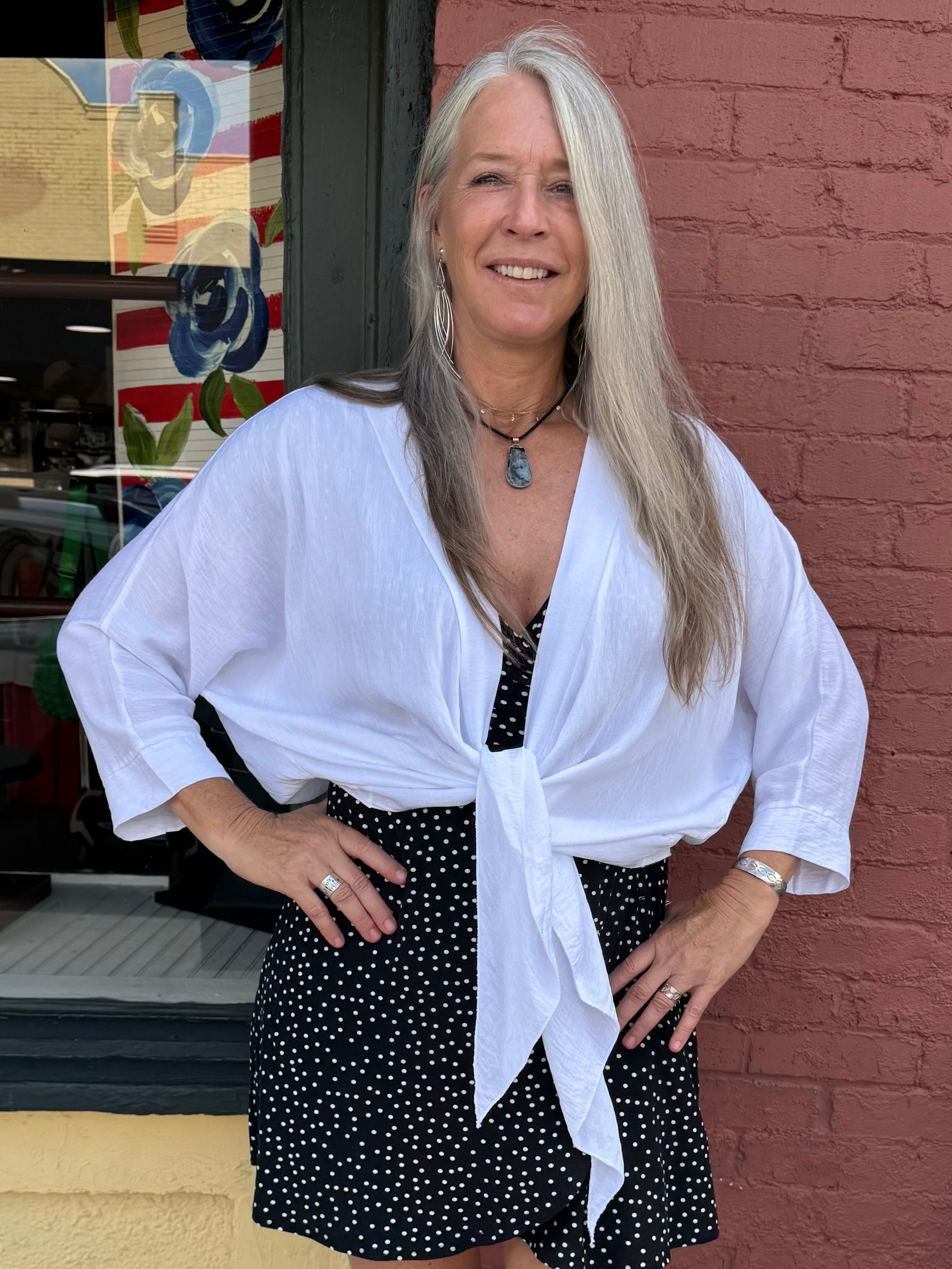 Made in Italy Tie Front Batwing Cardigan in white at ooh la la! in Grapevine TX 76051