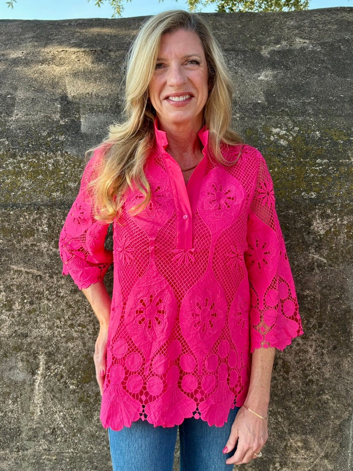 Jade Bell Sleeve Lace Tunic in Hot Pink at ooh la la! in Grapevine TX 76051