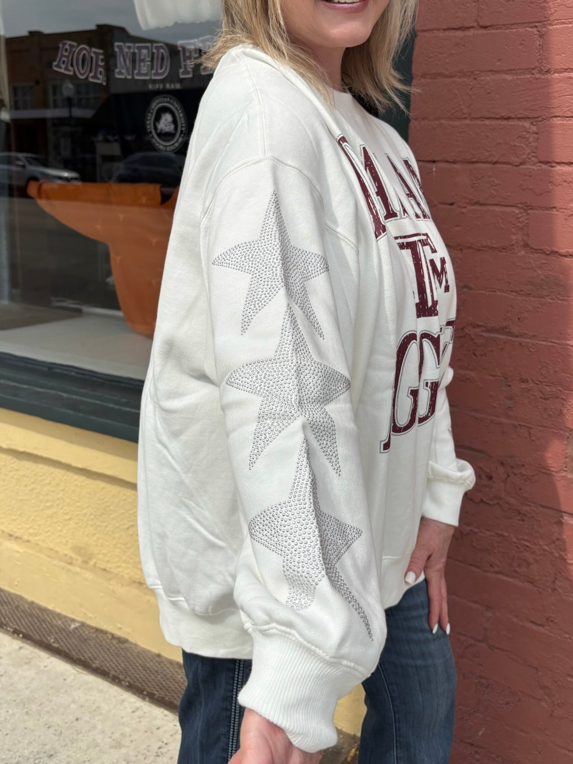 Texas A&M Aggies Star Sleeve Oversized Sweatshirt at Ooh La La! in Grapevine TX 76051