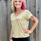 Molly Bracken Metallic V-Neck knit top in gold at ooh la la! in Grapevine TX 76051