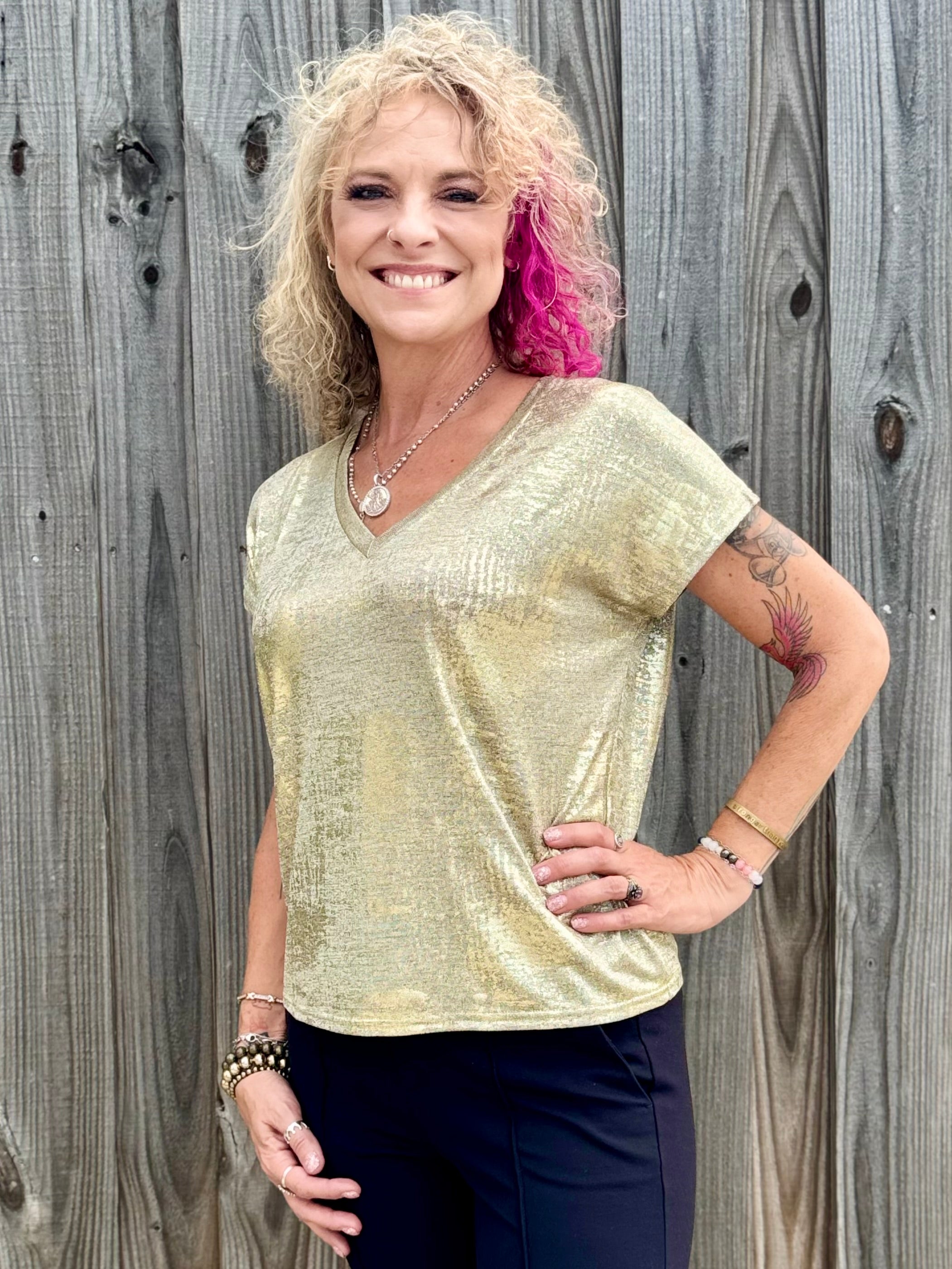 Molly Bracken Metallic V-Neck knit top in gold at ooh la la! in Grapevine TX 76051