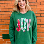 Christmas Joy Quilted Applique Rounded Bottom Sweatshirt in green at ooh la la! in Grapevine TX 76051