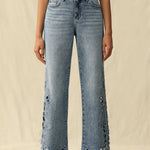Falling Leaves Crystallized Cutouts Mid Rise Wide Leg Statement Jeans at ooh la la! in Grapevine TX 76051