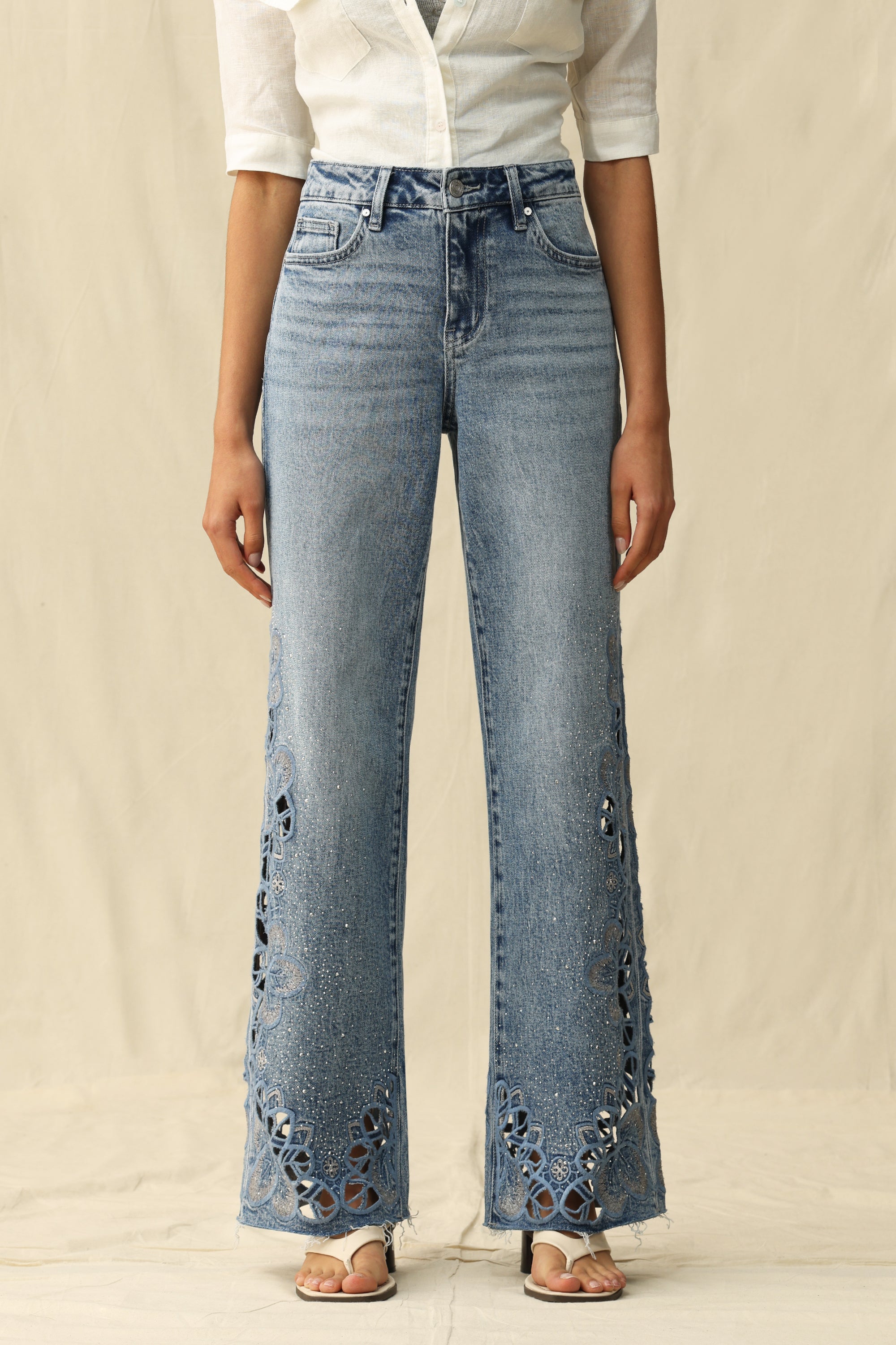 Falling Leaves Crystallized Cutouts Mid Rise Wide Leg Statement Jeans at ooh la la! in Grapevine TX 76051