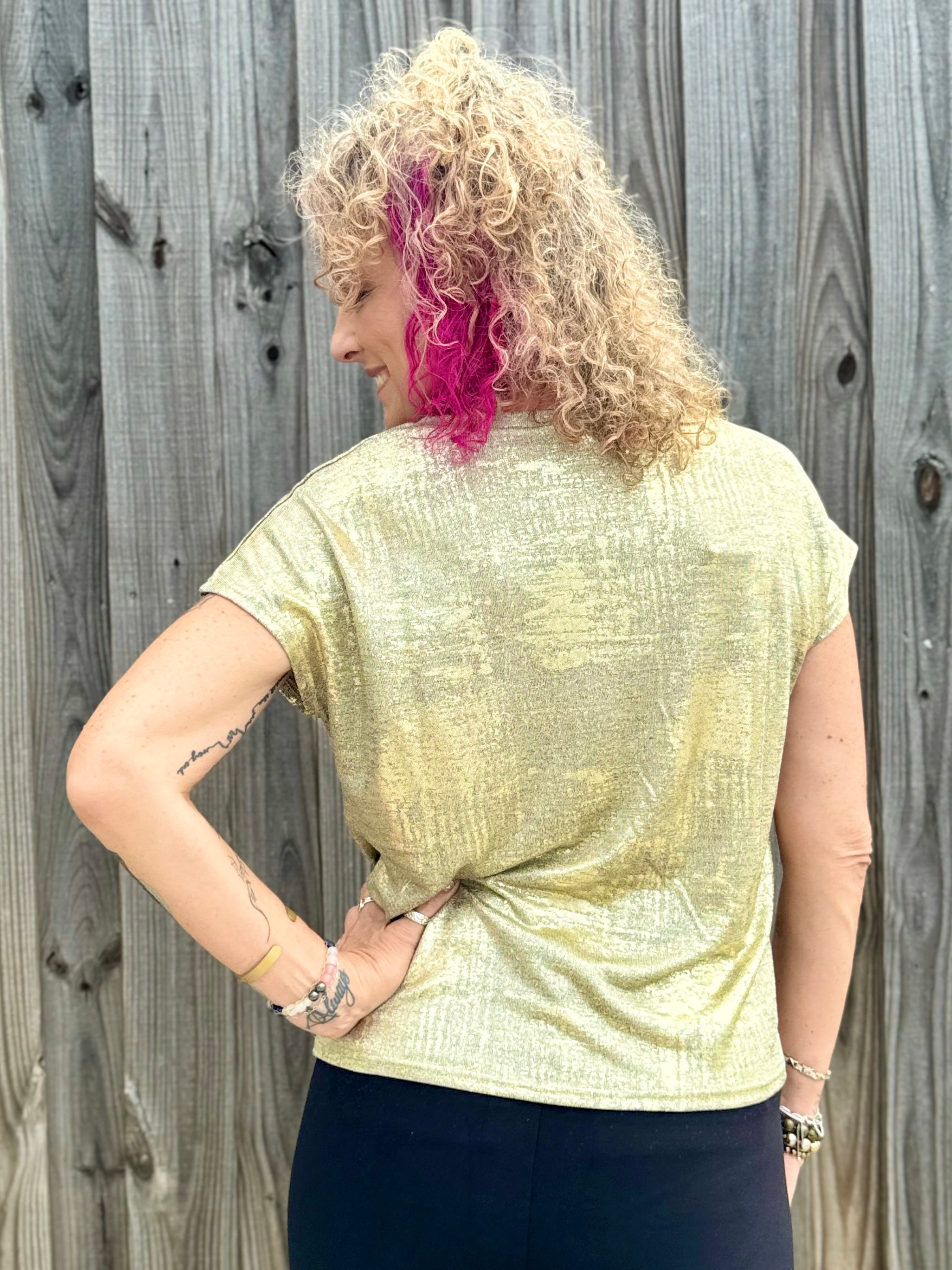 Molly Bracken Metallic V-Neck knit top in gold at ooh la la! in Grapevine TX 76051
