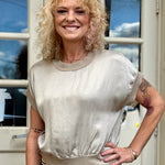 Satin Short Sleeve Top with Rib Knit Trim in beige at ooh la la! in Grapevine TX 76051