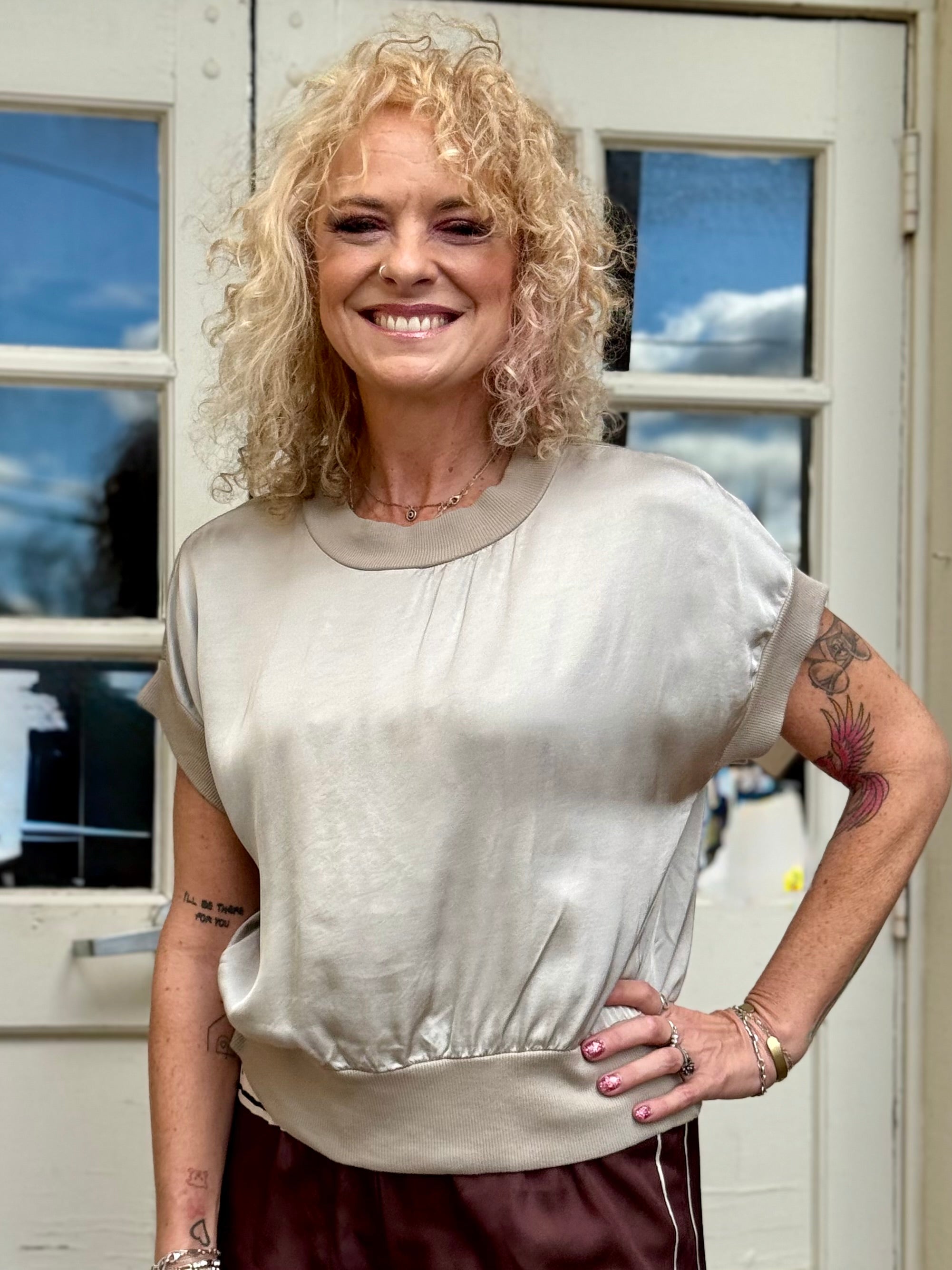 Satin Short Sleeve Top with Rib Knit Trim in beige at ooh la la! in Grapevine TX 76051