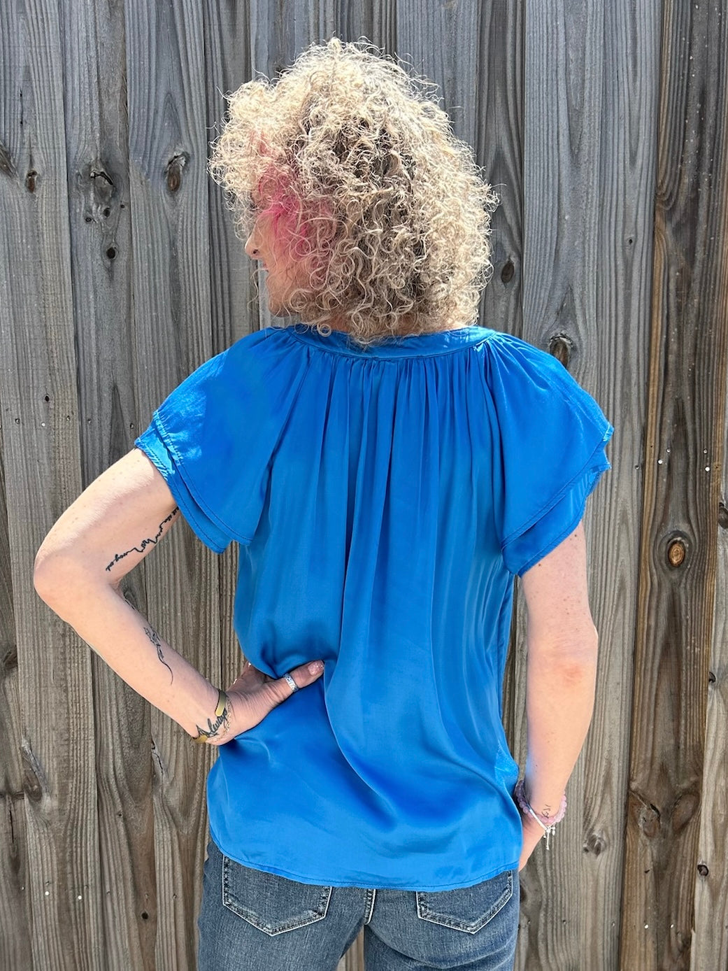 Sofia Caroline Satin Blouse in cerulean blue at ooh la la! in Grapevine TX 76051