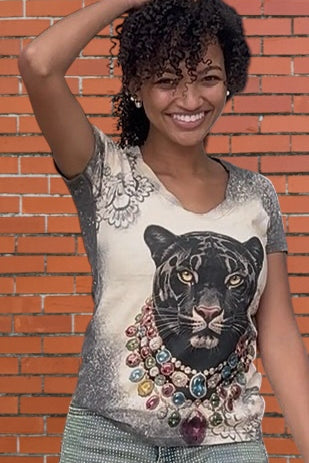 Boujie Sparkly Black Panther Tee with lace print details at ooh la la! in Grapevine TX 76051