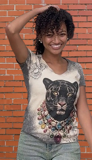 Boujie Sparkly Black Panther Tee with lace print details at ooh la la! in Grapevine TX 76051