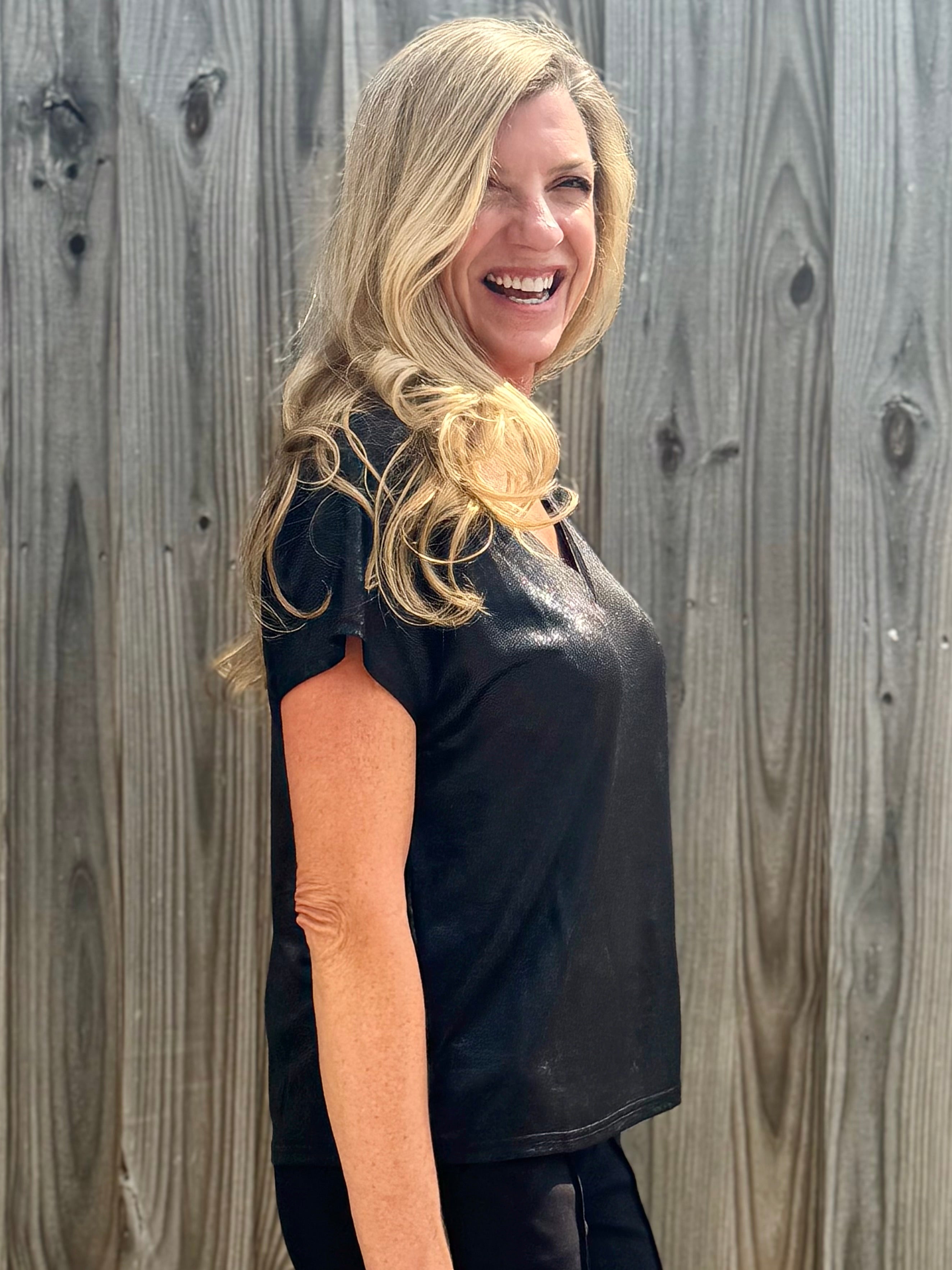 Molly Bracken Metallic V-Neck knit top in black at ooh la la! in Grapevine TX 76051