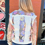 Denim Jacket with Floral Appliqué on Mesh in white at ooh la la! in Grapevine TX 76051