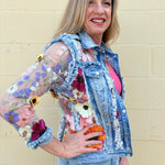 Adore Denim Jacket Inset with Floral Appliqued Mesh at ooh la la! in Grapevine TX 76051