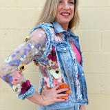 Adore Denim Jacket Inset with Floral Appliqued Mesh at ooh la la! in Grapevine TX 76051