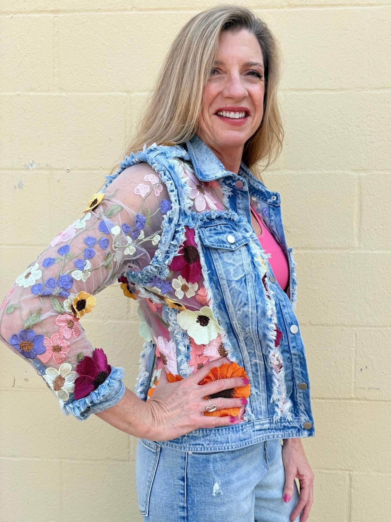 Adore Denim Jacket Inset with Floral Appliqued Mesh at ooh la la! in Grapevine TX 76051