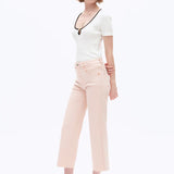 Pale dogwood jeans, high rise wide leg crop, raw hem denim, pink wide leg jeans, super stretch cropped jeans, women's spring denim, pastel wide leg pants, comfortable stretch jeans. at ooh la la! in Grapevine TX 76051