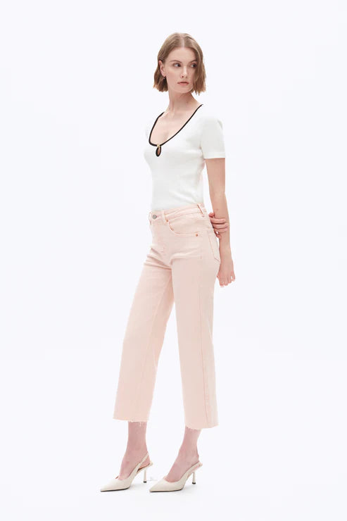 Pale dogwood jeans, high rise wide leg crop, raw hem denim, pink wide leg jeans, super stretch cropped jeans, women's spring denim, pastel wide leg pants, comfortable stretch jeans. at ooh la la! in Grapevine TX 76051