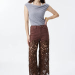 High Rise Embroidered Lace Wide Leg Jeans with Rhinestones in Chocolate Brown at ooh la la! in Grapevine TX 76051
