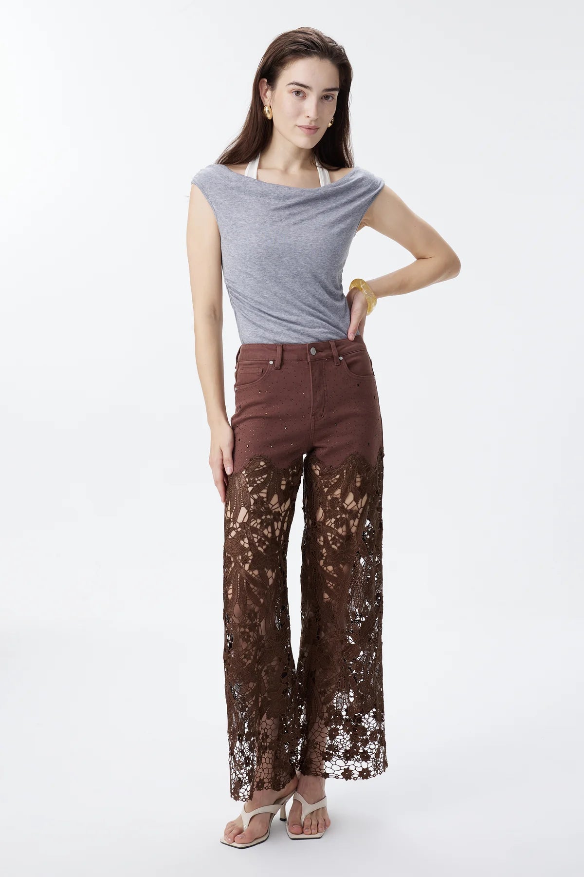 High Rise Embroidered Lace Wide Leg Jeans with Rhinestones in Chocolate Brown at ooh la la! in Grapevine TX 76051