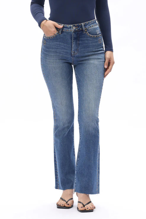 High Rise Boot Cut Brass Rivet Trim Jeans in Medium Blue at ooh la la! in Grapevine TX 76051