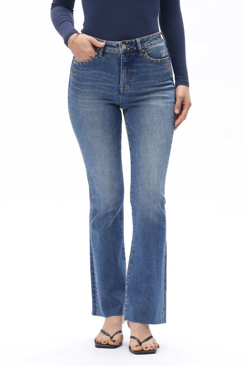 High Rise Boot Cut Brass Rivet Trim Jeans in Medium Blue at ooh la la! in Grapevine TX 76051