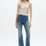 embroidered jeans, daisy denim, mid rise bootcut, floral flare jeans, boho style jeans, women's flower jeans, stretch denim, retro flare, Flora jeans at ooh la la! in Grapevine TX 76051