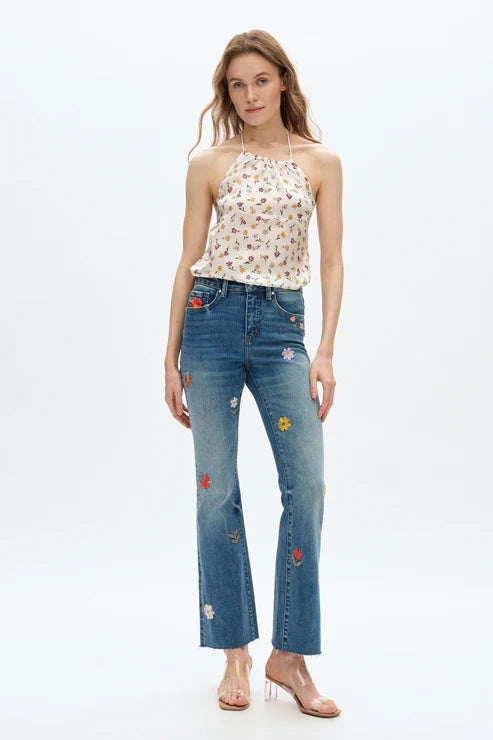 embroidered jeans, daisy denim, mid rise bootcut, floral flare jeans, boho style jeans, women's flower jeans, stretch denim, retro flare, Flora jeans at ooh la la! in Grapevine TX 76051