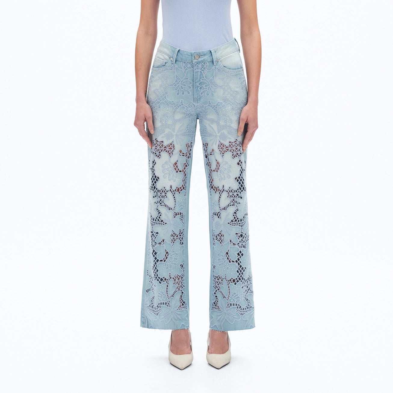 High Rise Lace Front Straight Leg Jeans in light blue at ooh la la! in Grapevine TX 76051