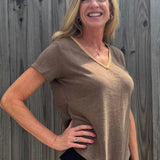 Molly Bracken Gold Beaded Trim V-Neck Top in Taupe at ooh la la! in Grapevine TX 76051