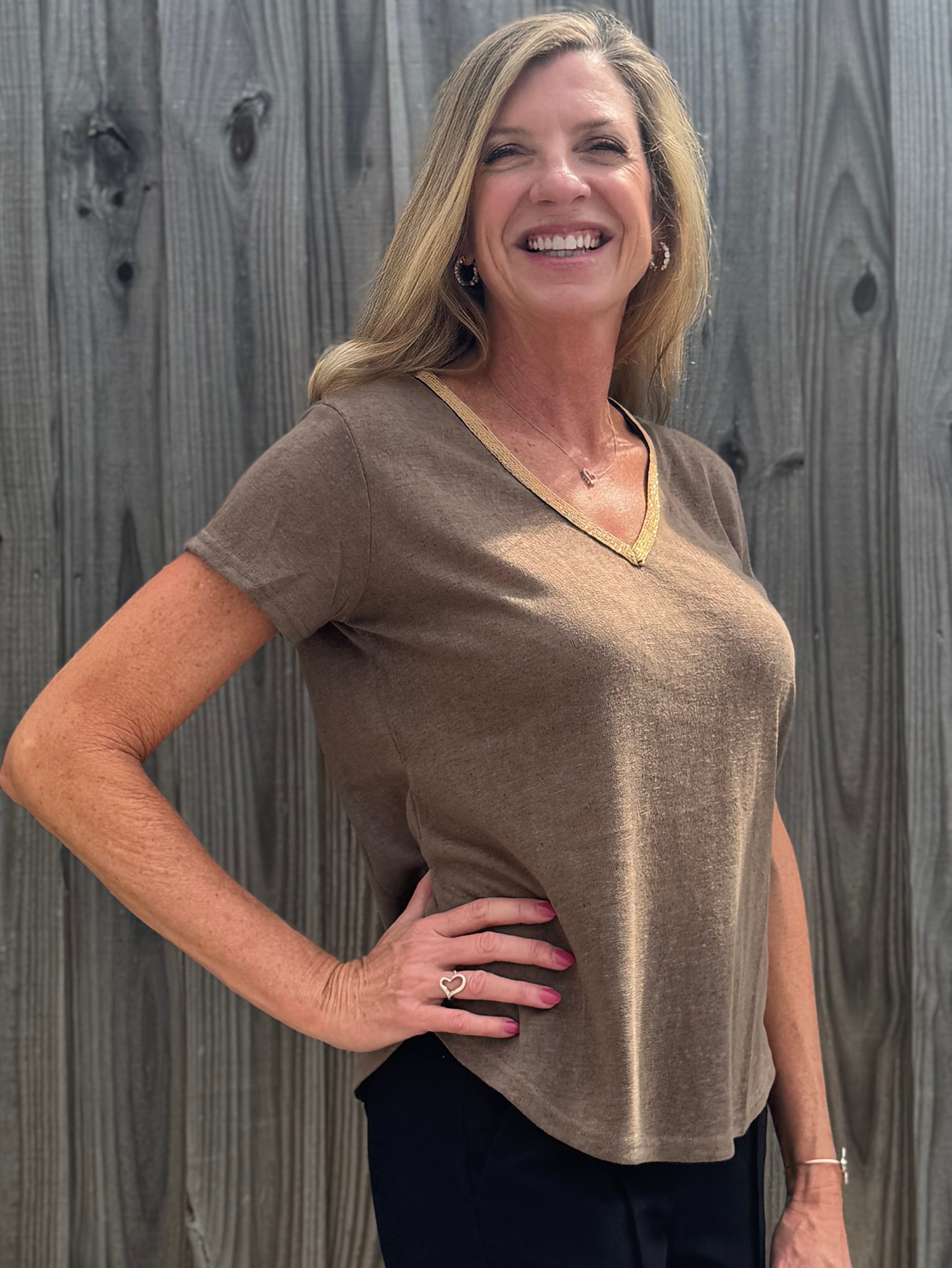 Molly Bracken Gold Beaded Trim V-Neck Top in Taupe at ooh la la! in Grapevine TX 76051