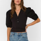 Velvet Heart Kansas Puff Sleeve Blouse in black with V-neck and buttons at ooh la la! in Grapevine TX 76051