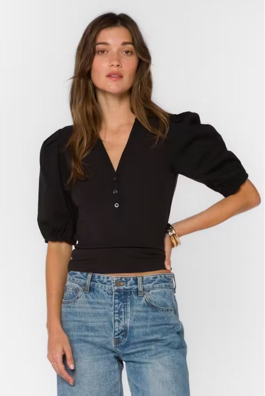 Velvet Heart Kansas Puff Sleeve Blouse in black with V-neck and buttons at ooh la la! in Grapevine TX 76051