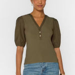 Velvet Heart Kansas Puff Sleeve Blouse in deep olive with V-neck and buttons at ooh la la! in Grapevine TX 76051