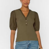 Velvet Heart Kansas Puff Sleeve Blouse in deep olive with V-neck and buttons at ooh la la! in Grapevine TX 76051