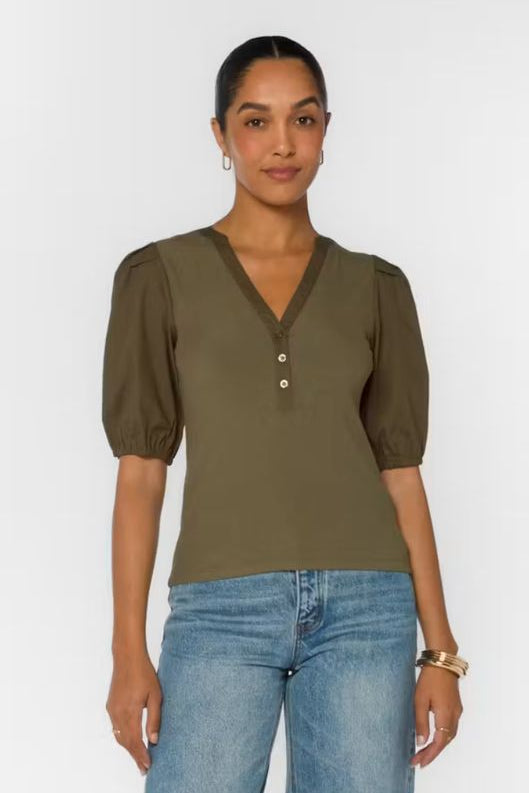 Velvet Heart Kansas Puff Sleeve Blouse in deep olive with V-neck and buttons at ooh la la! in Grapevine TX 76051