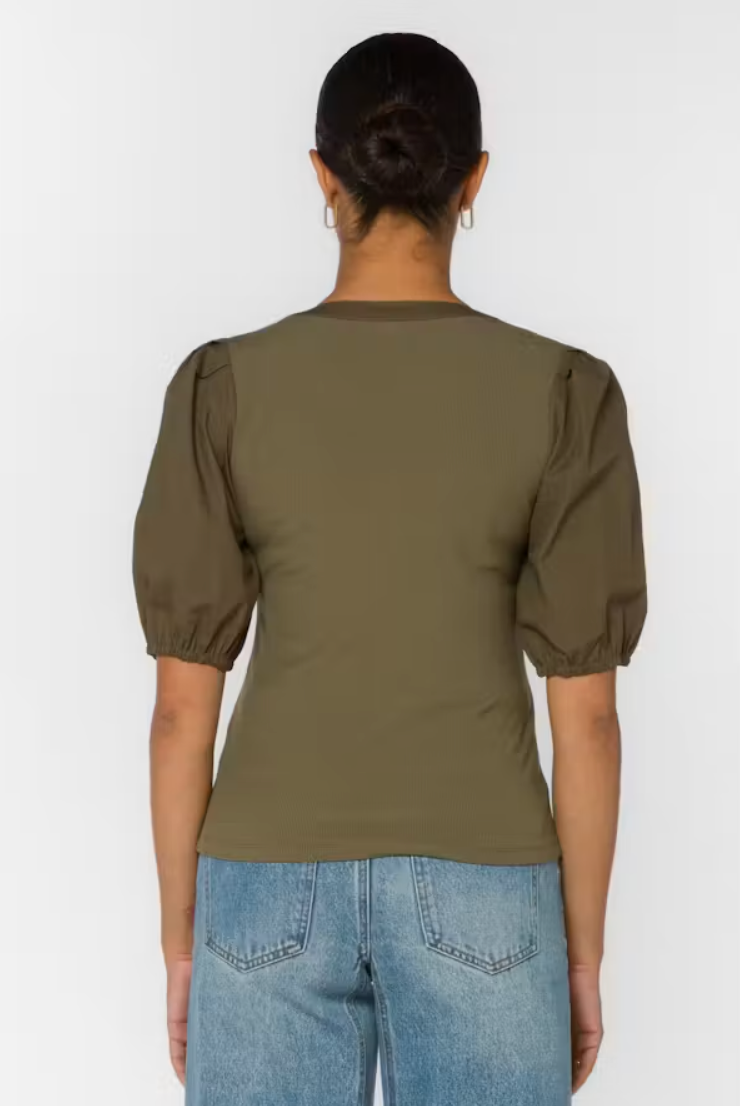 Velvet Heart Kansas Puff Sleeve Blouse in deep olive with V-neck and buttons at ooh la la! in Grapevine TX 76051