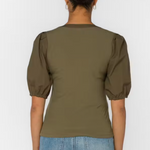 Velvet Heart Kansas Puff Sleeve Blouse in deep olive with V-neck and buttons at ooh la la! in Grapevine TX 76051