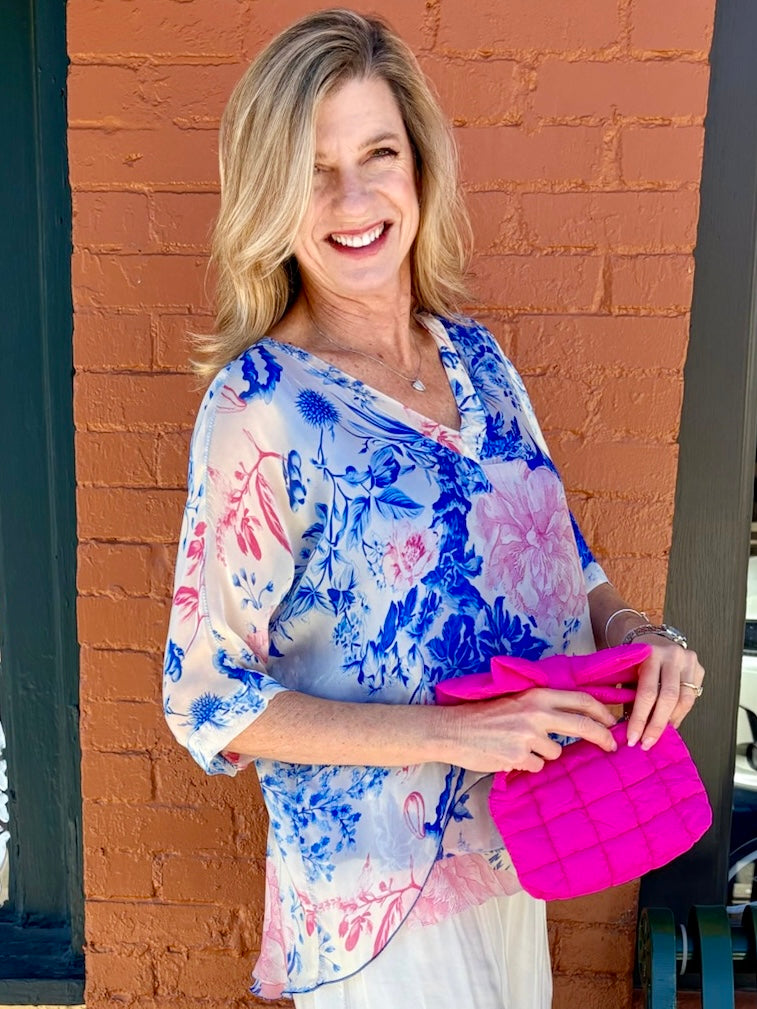 Peony Garden Print Silk VNeck Blouse w/Raw Edge in royal blue at ooh la la! in Grapevine TX 76051