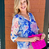 Peony Garden Print Silk VNeck Blouse w/Raw Edge in royal blue at ooh la la! in Grapevine TX 76051