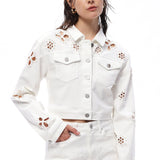 Petal Cutout Pearl-Embellished Cropped Denim Jacket