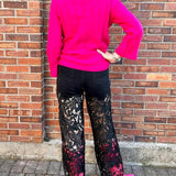 High Rise Wide Leg Lace Denim Jeans With Rhinestones in black at ooh la la! in Grapevine TX 76051