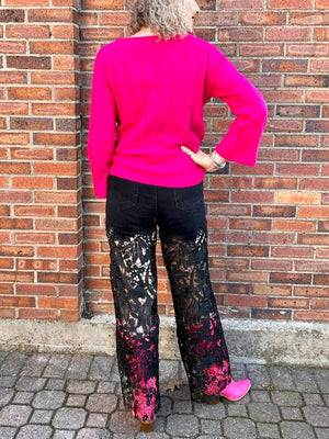 High Rise Wide Leg Lace Denim Jeans With Rhinestones in black at ooh la la! in Grapevine TX 76051