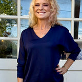 Satin Long Sleeve V-Neck Blouse In navy at ooh la la! In Grapevine TX 76051