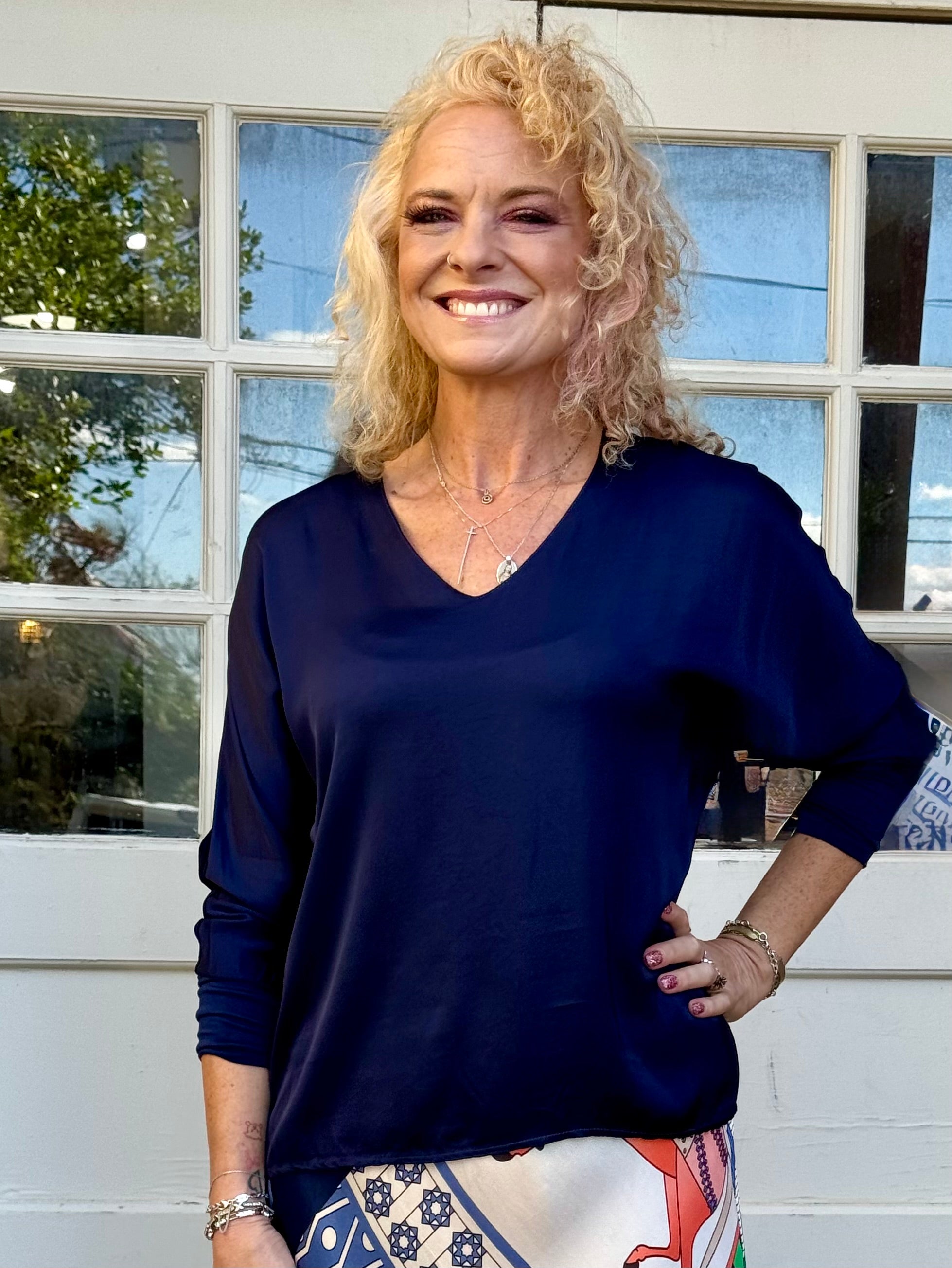 Satin Long Sleeve V-Neck Blouse In navy at ooh la la! In Grapevine TX 76051