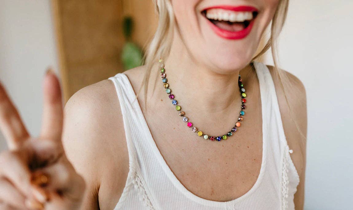 TOVA jewelry, crystal statement necklace, Sarina POP, colorful choker, premium crystal jewelry, brass base necklace, boutique fashion accessories, luxury layering necklace at ooh la la! in Grapevine TX 76051

