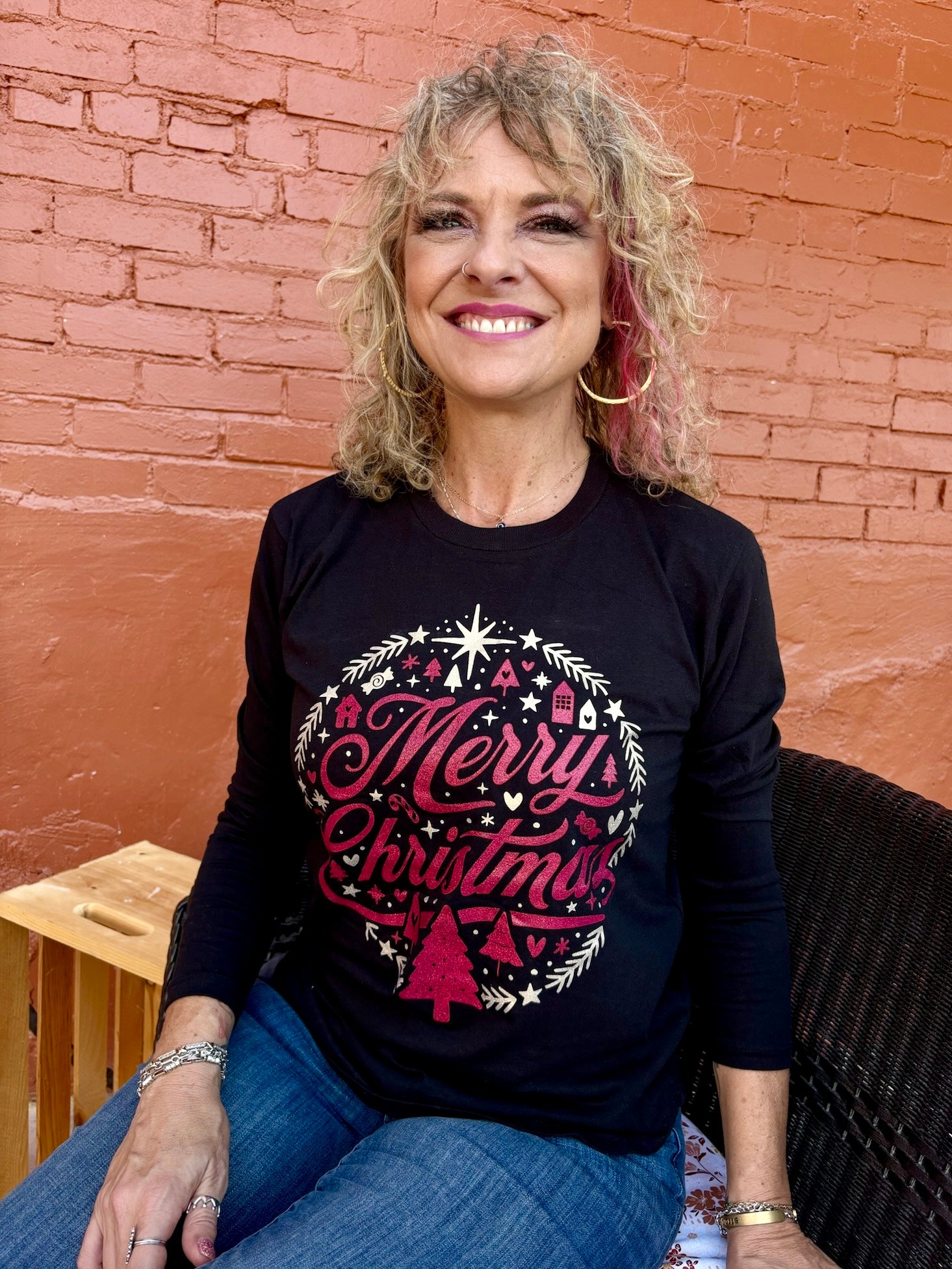 Christmastime Glitter Print Long Sleeve Tee in black at ooh la la! in Grapevine TX 76051