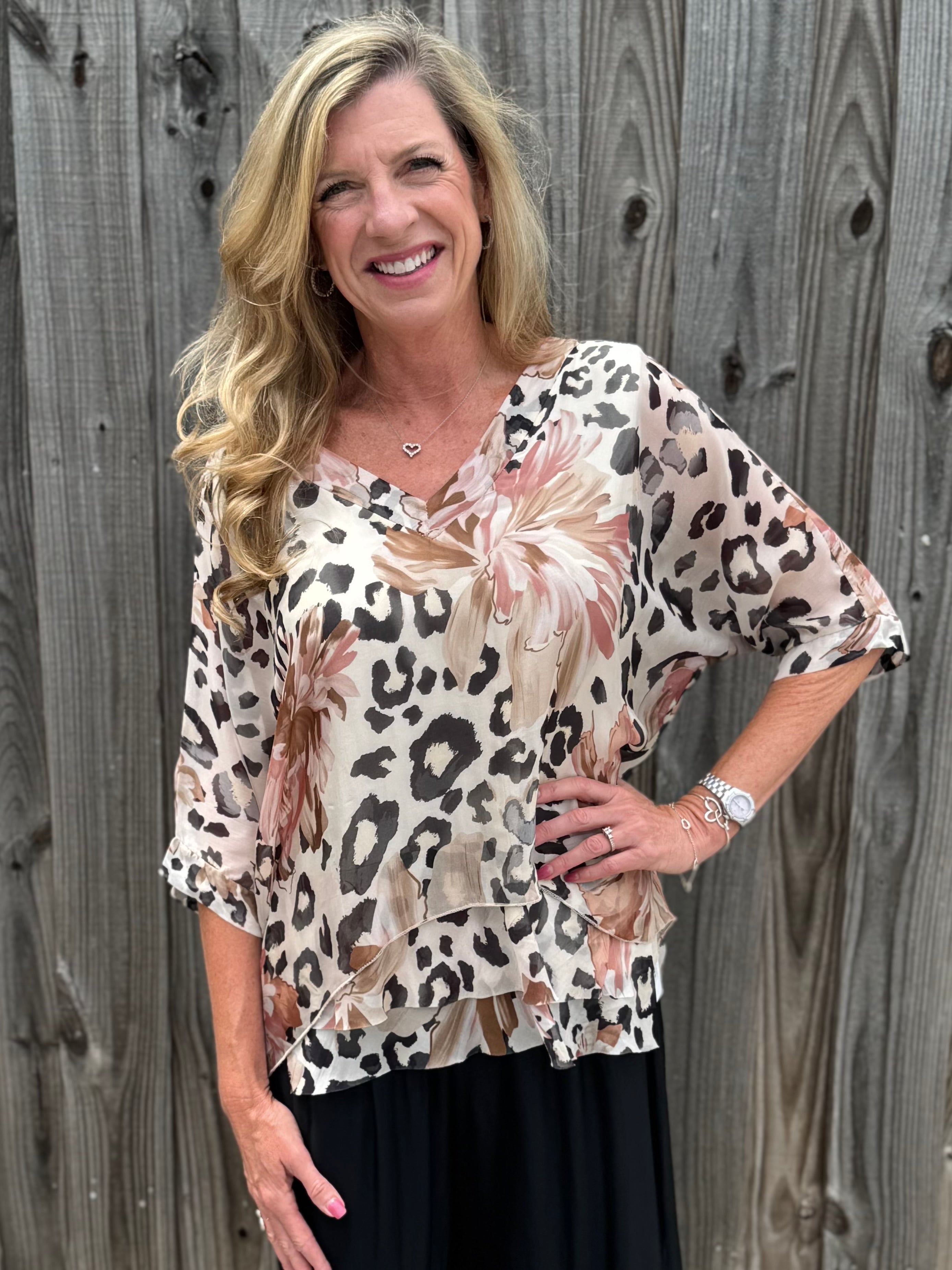 Cheetah Flower Silk VNeck Blouse at ooh la la! in Grapevine TX 76051
