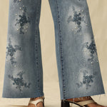 Bayeas High Rise Embroidered Embellished Wide Leg Jeans in light blue at ooh la la! in Grapevine TX 76051